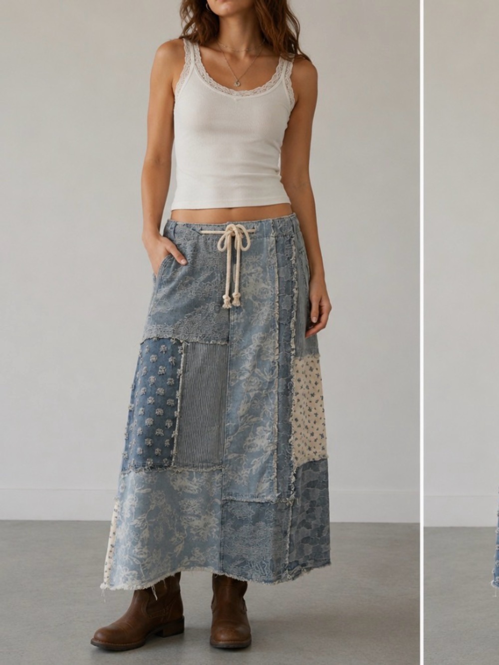 POL Denim Floral Print Patchwork Detail Maxi Skirt  Size S -NWOT - Picture 2 of 3
